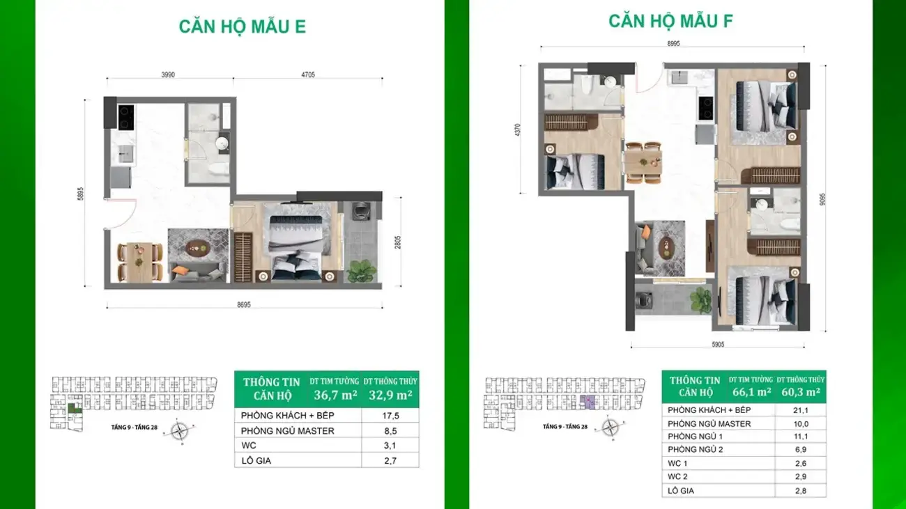 Căn hộ mẫu tại dự án Bcons New Sky với thiết kế hiện đại, đa dạng diện tích từ 32,9 m² đến 60,3 m².