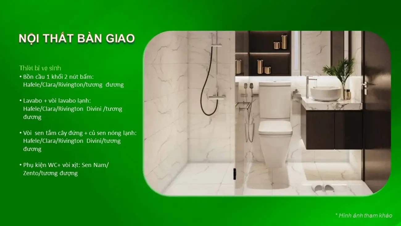 Nội thất bàn giao hiện đại tại dự án Bcons New Sky, với thiết bị cao cấp từ Hafele, Clara, Rivington.