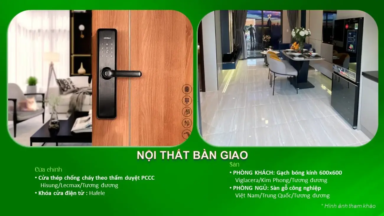 Nội thất bàn giao tại Bcons New Sky với cửa thép chống cháy, khóa điện tử Hafele và sàn gỗ công nghiệp cao cấp.