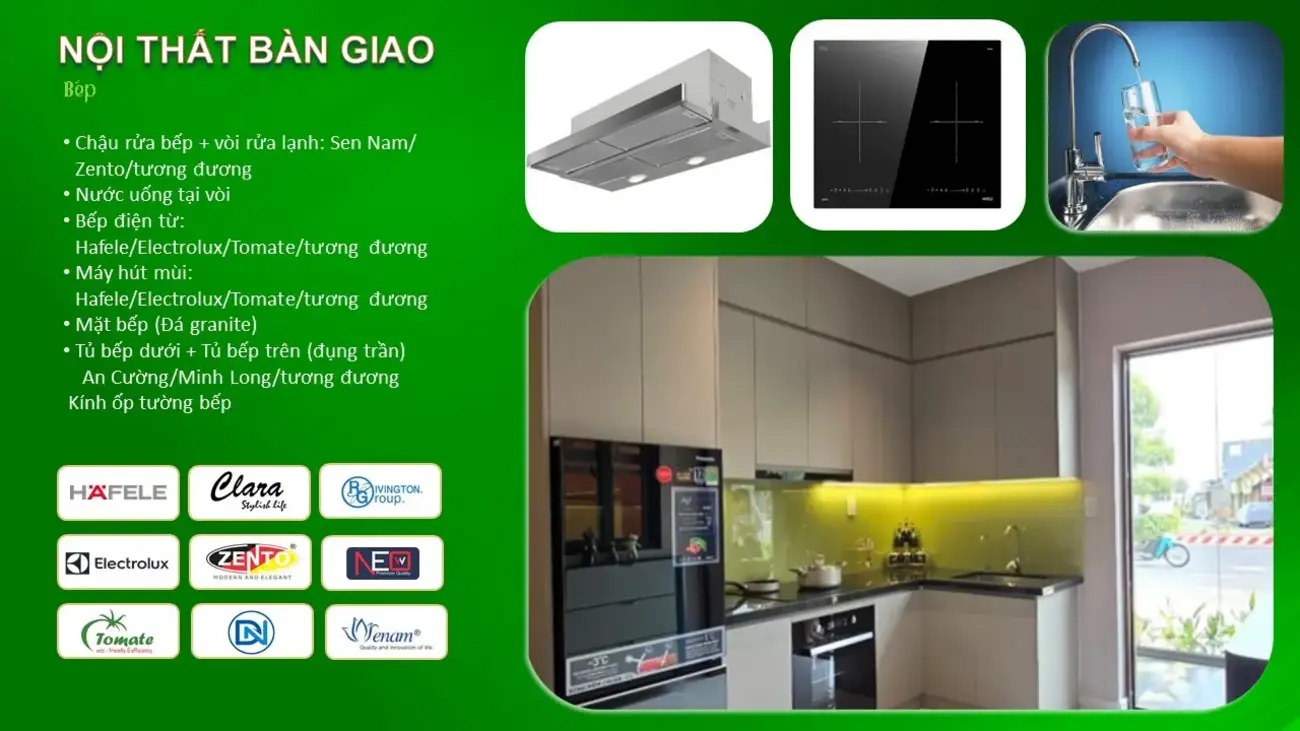 Nội thất bếp cao cấp bàn giao tại Bcons New Sky với đầy đủ thiết bị hiện đại từ các thương hiệu uy tín.