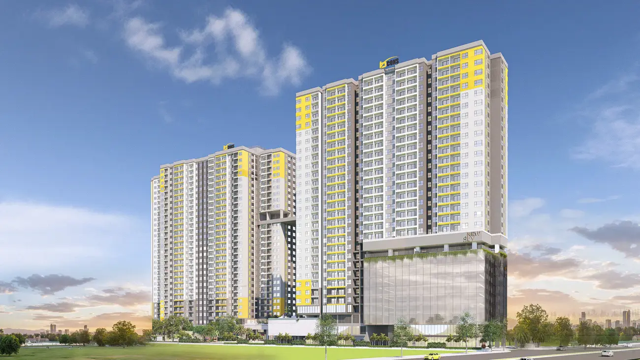 Phối cảnh dự án Bcons New Sky với 3 tháp căn hộ hiện đại tại Thuận An, Bình Dương.