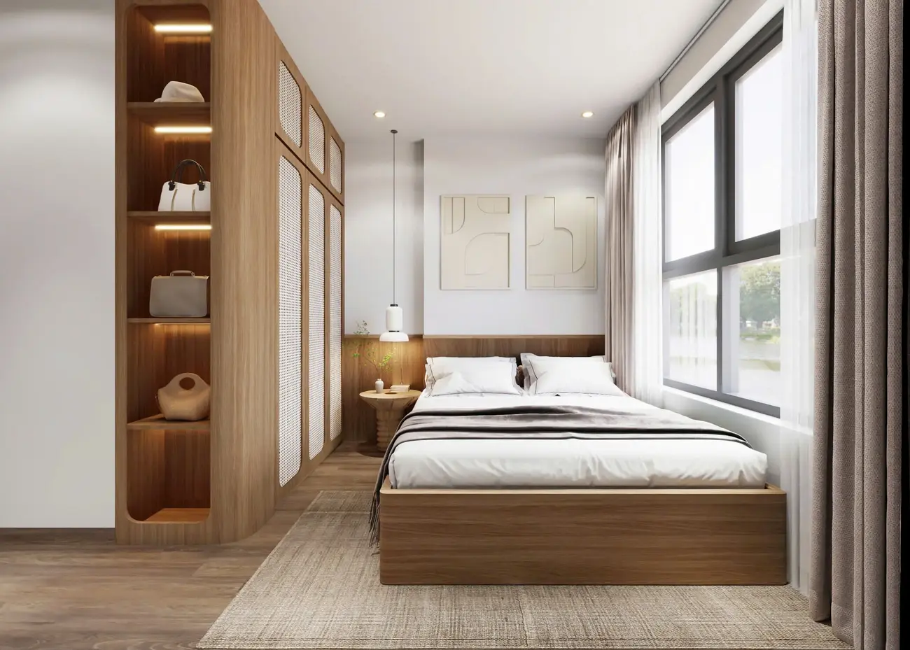 Phòng ngủ tại Bcons New Sky thiết kế tối giản, tận dụng ánh sáng tự nhiên, phù hợp gia đình trẻ.